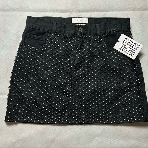 Pistola black denim sequin mesh front mini skirt NWT size 27 - Picture 1 of 5